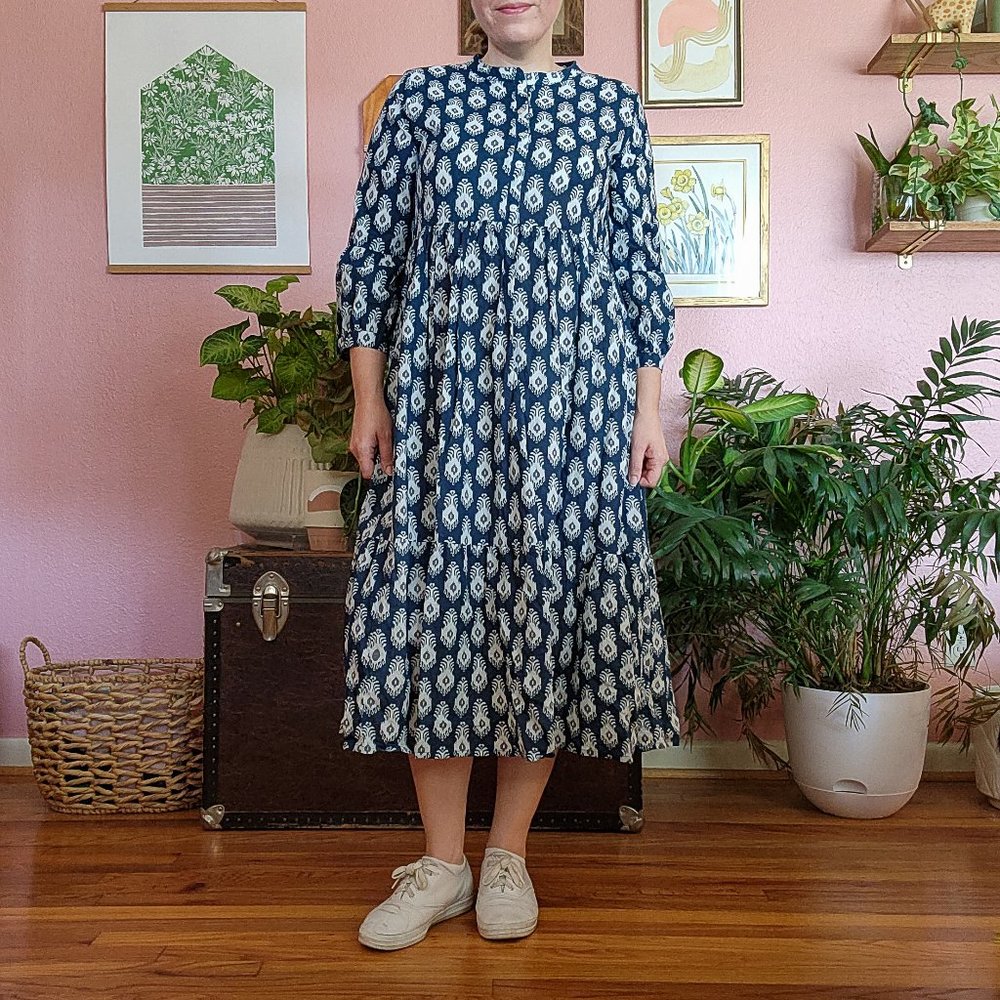 Janasya Dark Blue Indigo Ikat Block Print Midi Dress Size L